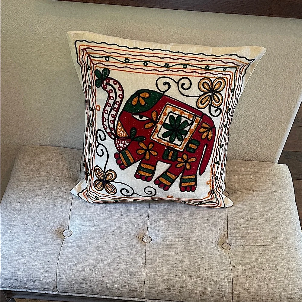 Colorful Elephant Embroidered Pillow Cover/ India made